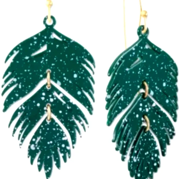 Alfani Gold-Tone Palm Leaf Drop Earrings Green White Articulated 2-3/8" Long - Picture 1 of 3